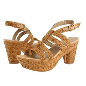 Stuart Weitzman Woven Raffia Platform Sandals in Natural Tan